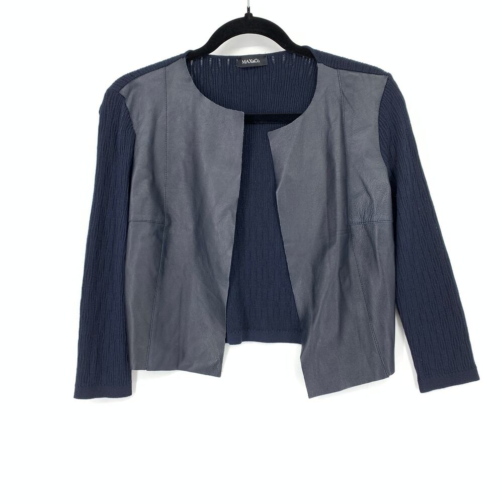 Max & Co. Women's Sz XS Crewneck Open Front Cardigan Sweater Navy Leather Panels
